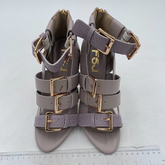 FSJ Gray Strappy Heels with Gold Buckles - Picture 1 of 7